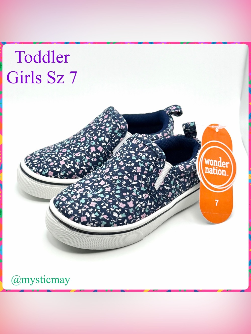 New WONDER NATION Blue Floral Canvas Slip On Sneaker Toddler Girls Size 7